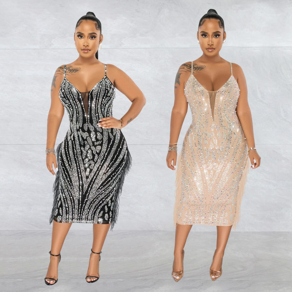 Women's solid color suspender sleeveless mesh hot diamond long dress