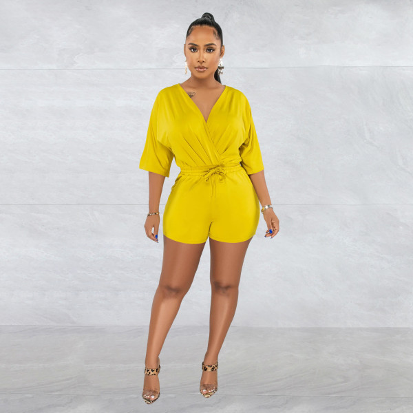 Women's solid color lace up V-neck medium sleeve shorts jumpsuit