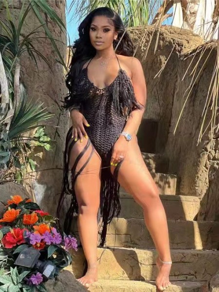 Women's long tassel hollowed out knitted one piece swimsuit