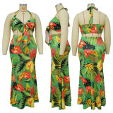 Printed conservative neck tie up dress set