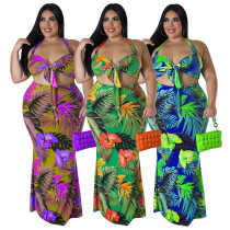 Printed conservative neck tie up dress set Printed conservative neck tie up dress set