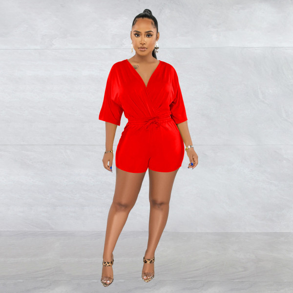 Women's solid color lace up V-neck medium sleeve shorts jumpsuit