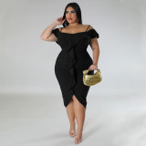 Oversized women's sweet solid color dress, one line collar, medium length skirt