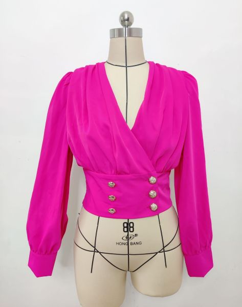 Shirt Women's V-neck Sexy Long Sleeve Short Waist Wrapped Bubble Sleeve Solid Pleated Shirt