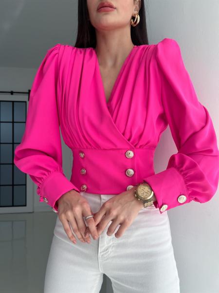 Shirt Women's V-neck Sexy Long Sleeve Short Waist Wrapped Bubble Sleeve Solid Pleated Shirt