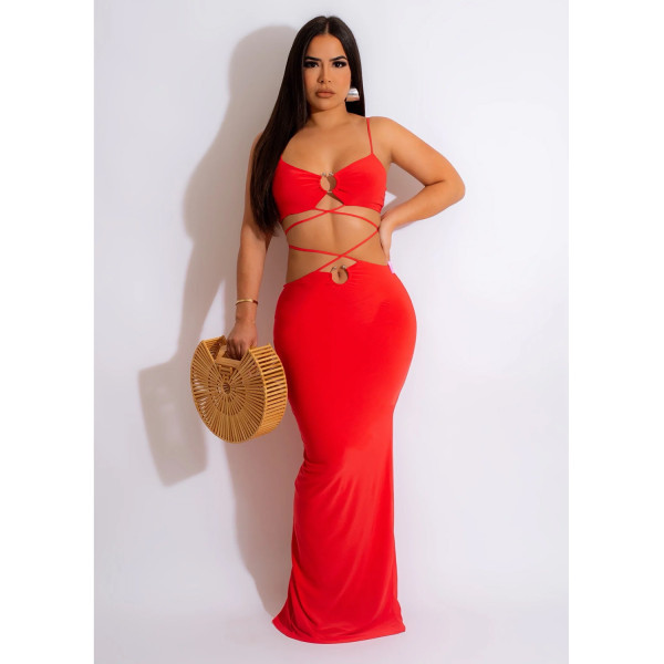 Women's Solid Color Tie Iron Ring Sleeveless Long Dress Dress