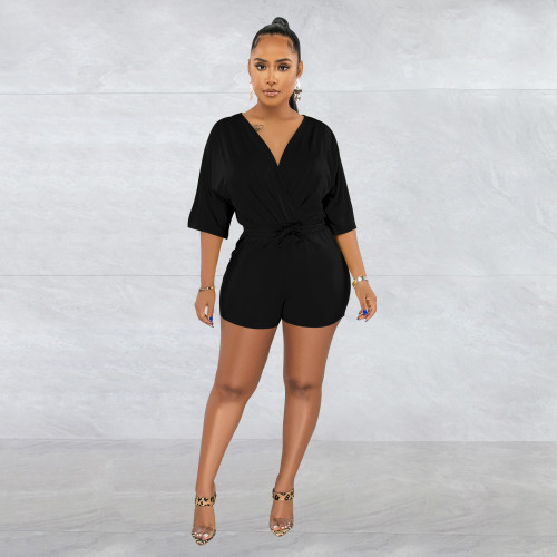 Women's solid color lace up V-neck medium sleeve shorts jumpsuit