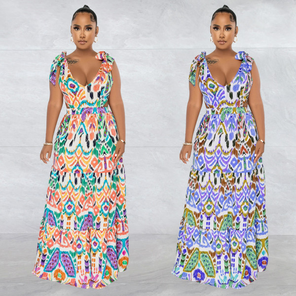 Women's colorful sleeveless shoulder lace up long dress dress
