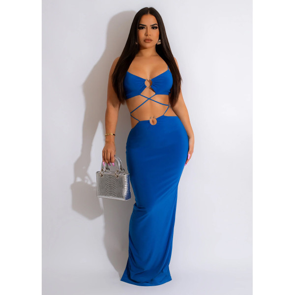 Women's Solid Color Tie Iron Ring Sleeveless Long Dress Dress