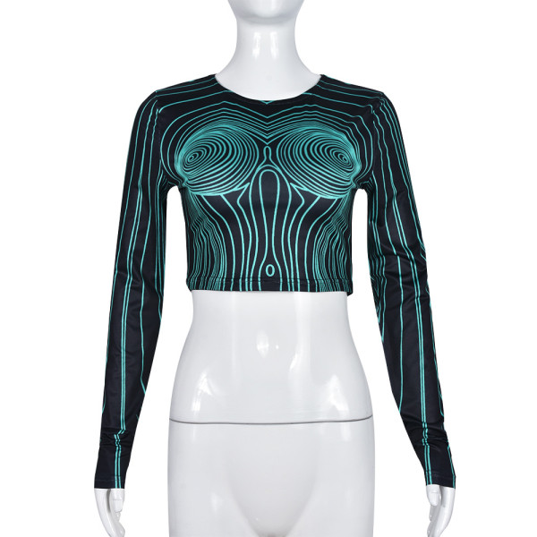 Hollow out digital ripple exposed navel long sleeved top T-shirt