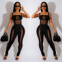 Women's solid color mesh sleeveless long pants with suspender jumpsuit Women's solid color mesh sleeveless long pants with suspender jumpsuit