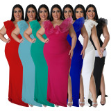 Solid Color Slim Fit Slim Wrap Hip Elastic Dress Banquet Dress