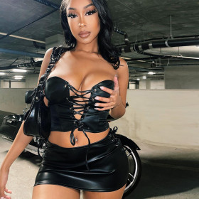Elastic leather lace up chest wrap short skirt with two sexy fashion sets