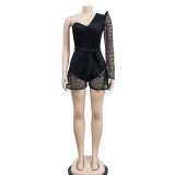 Women's solid color lace up diagonal shoulder long sleeved shorts jumpsuit