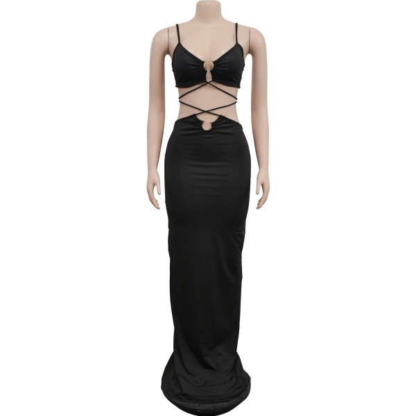 Women's Solid Color Tie Iron Ring Sleeveless Long Dress Dress