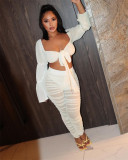 Women's Sexy Flare Sleeve Straight Neck T-shirt Mesh Pleated Pants Set