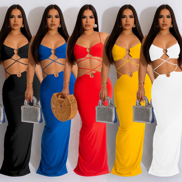 Women's Solid Color Tie Iron Ring Sleeveless Long Dress Dress