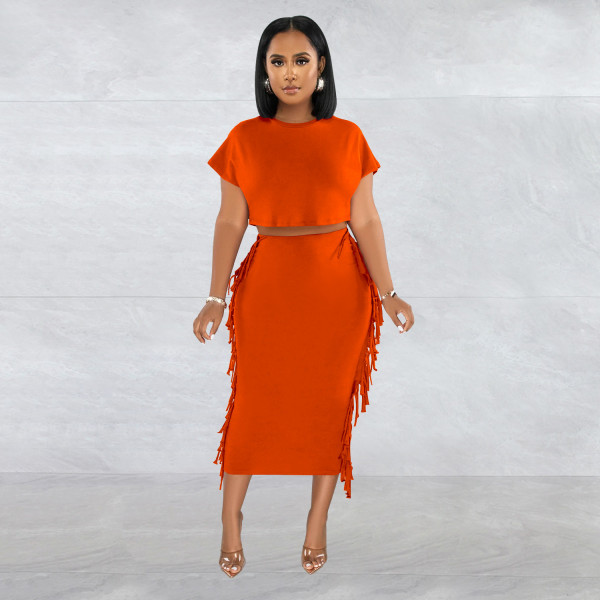 Women's solid color fringed round neck short sleeve long skirt two-piece set