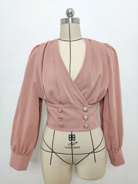 Shirt Women's V-neck Sexy Long Sleeve Short Waist Wrapped Bubble Sleeve Solid Pleated Shirt