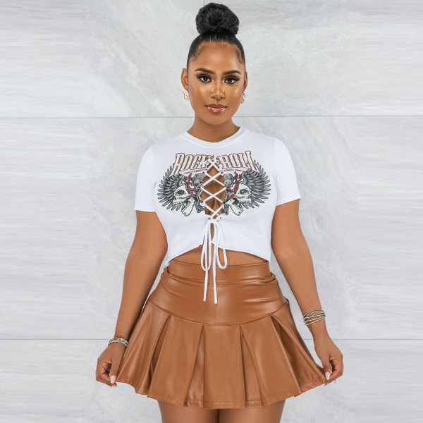 Pullover hollowed out adhesive letter short sleeved lace up top for women's clothing
