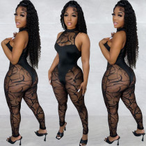 Women's solid color floral mesh sleeveless long pants jumpsuit Women's solid color floral mesh sleeveless long pants jumpsuit