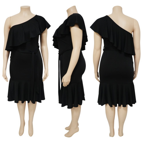 Large Women's Fashion Slim Fit Casual Ruffle Edge Bust Midlength Dress