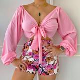 Women's sexy open navel lace up tie V-neck top with printed shorts set two-piece