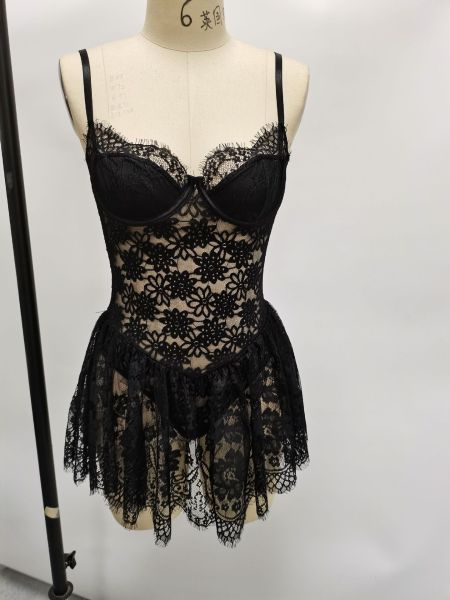 Women's lace chest brace eyelash fold adjustable shoulder strap sexy dress