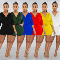 Women's solid color lace up V-neck medium sleeve shorts jumpsuit Women's solid color lace up V-neck medium sleeve shorts jumpsuit