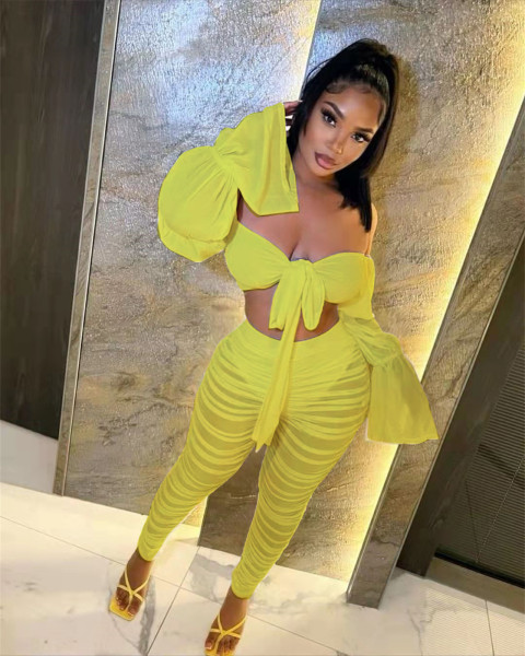 Women's Sexy Flare Sleeve Straight Neck T-shirt Mesh Pleated Pants Set