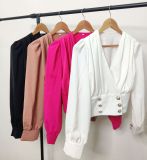 Shirt Women's V-neck Sexy Long Sleeve Short Waist Wrapped Bubble Sleeve Solid Pleated Shirt