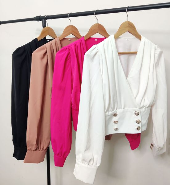 Shirt Women's V-neck Sexy Long Sleeve Short Waist Wrapped Bubble Sleeve Solid Pleated Shirt