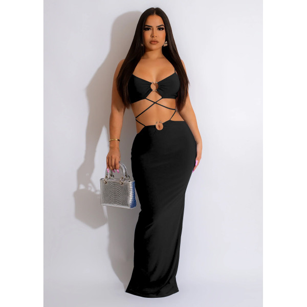Women's Solid Color Tie Iron Ring Sleeveless Long Dress Dress