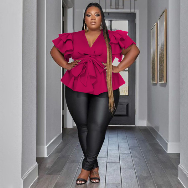 Large Women's Casual Versatile V-neck Ruffle Sleeve Pleated Shirt Top
