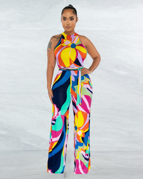 Sleeveless button print strap straight sexy jumpsuit