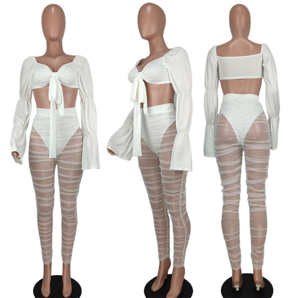 Women's Sexy Flare Sleeve Straight Neck T-shirt Mesh Pleated Pants Set