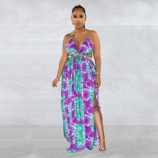Women's printed chain sleeveless suspender long dress dress