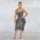 Women's solid color suspender sleeveless mesh hot diamond long dress