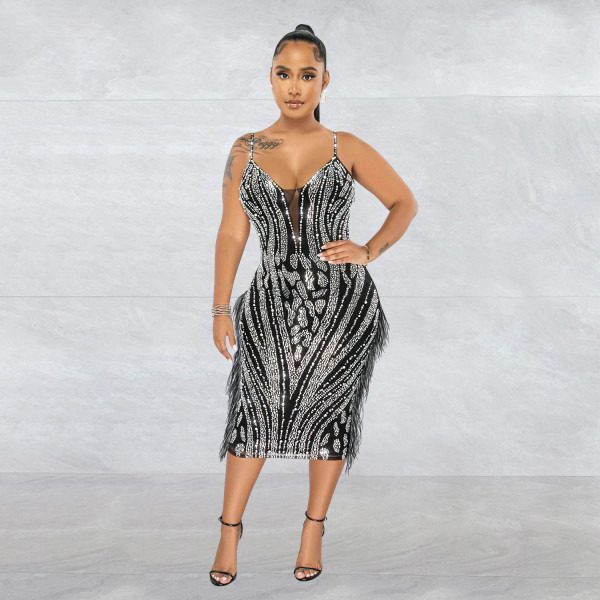 Women's solid color suspender sleeveless mesh hot diamond long dress