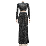 Women's solid color mesh hot diamond long sleeved skirt two-piece set