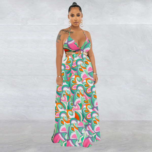 Women's printed chain sleeveless suspender long dress dress