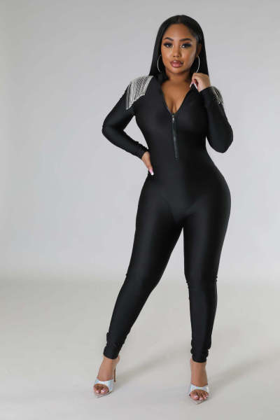 Fashion pants chain tassel solid color slim fitting long sleeved jumpsuit