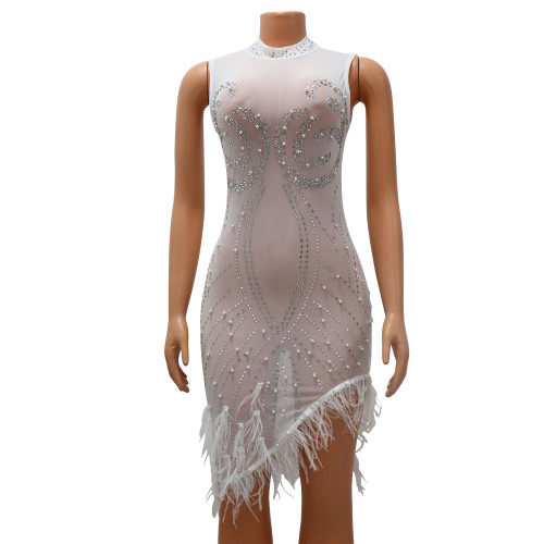 Women's Sexy Mesh Hot Diamond Beaded Perspective Dress