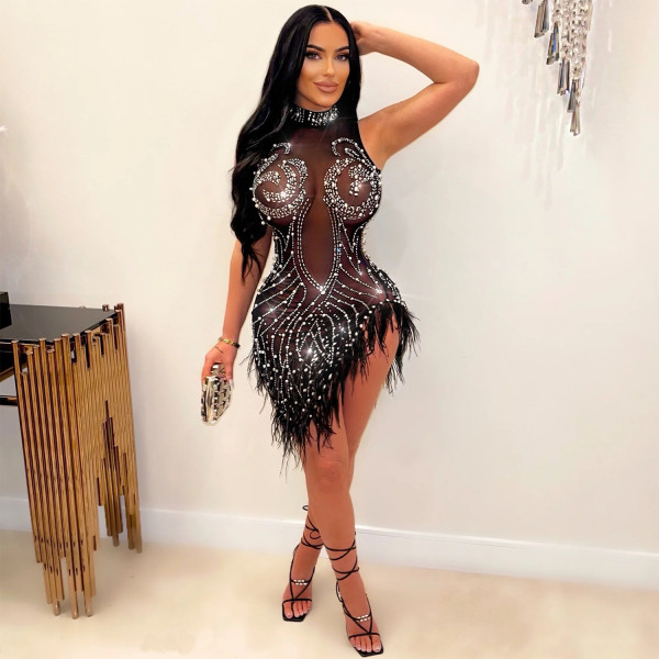 Women's Sexy Mesh Hot Diamond Beaded Perspective Dress