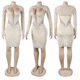 Sexy Hot Diamond Slim Fit Perspective Double Wear Long Sleeve Strap Dress