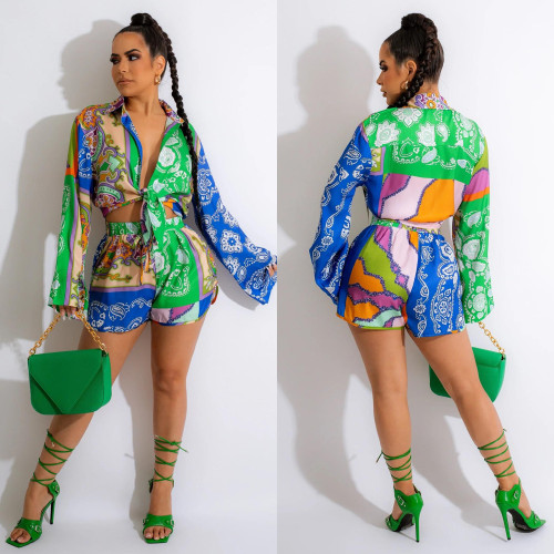 Women's comfortable casual printed long sleeved shorts, women's two-piece set
