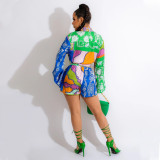 Women's comfortable casual printed long sleeved shorts, women's two-piece set