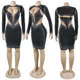Sexy Hot Diamond Slim Fit Perspective Double Wear Long Sleeve Strap Dress