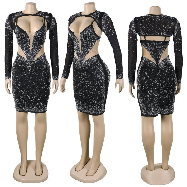 Sexy Hot Diamond Slim Fit Perspective Double Wear Long Sleeve Strap Dress