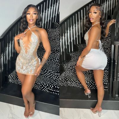 Women's sexy mesh hot diamond perspective nightclub dress